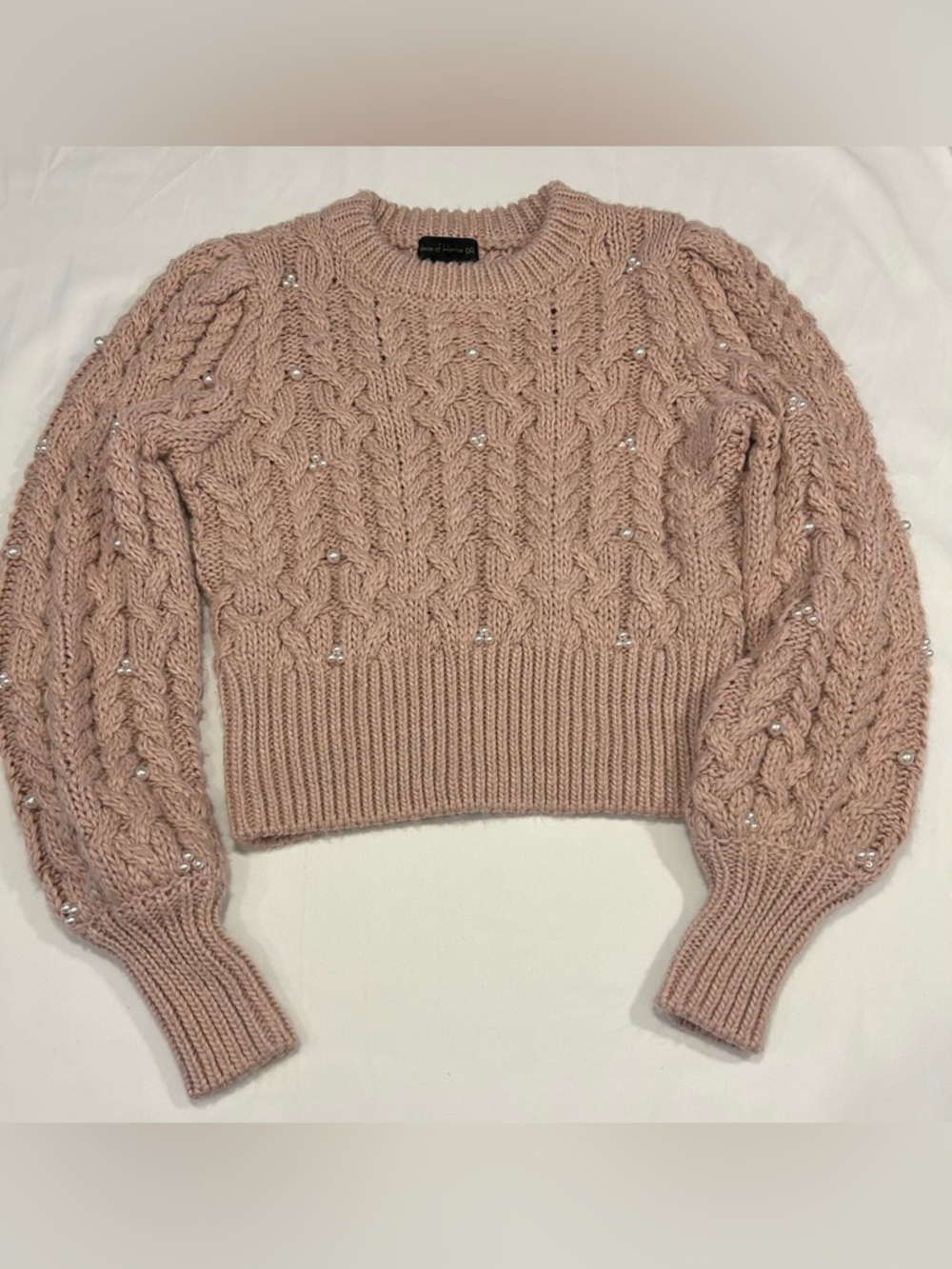 House of Harlow 1960 Blush Pink Pearl-Trim Cable Knit Sweater